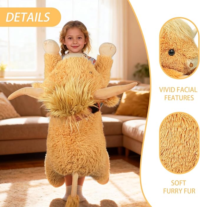 WDXDSOB 38.5 Inch Yellow Giant Highland Cow Plush Stuffed Animal - Large Cow Pillow Gift for Kids and Adults, Couch & Bed Decor