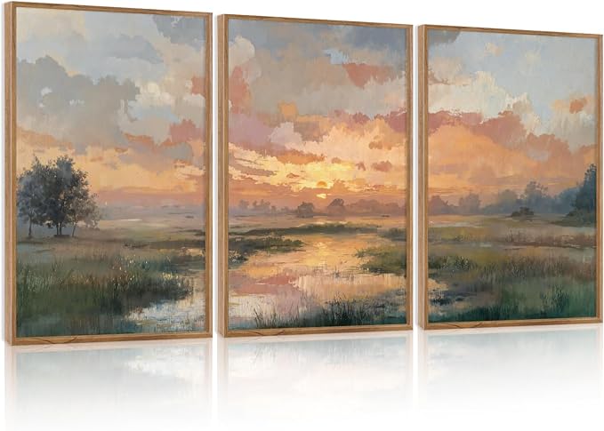 TOARTi Large Framed Abstract Sunset Landscape Canvas Wall Art,Nature Sunset Scenery Painting Wall Decor, Watercolor River Grassland Art Prints for Farmhouse Home Living Room Bedroom Office-24”x35”x3