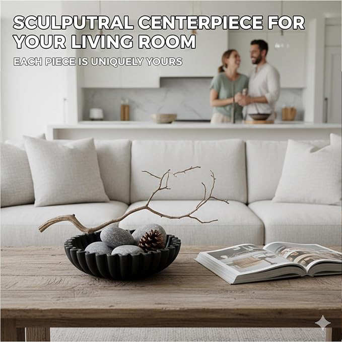 10 Inch Scalloped Ruffle Hand Poured Concrete Decorative Fruit Bowl Black | Solid concrete wabi sabi centerpiece bowl for kitchen counter, entryway key storage & coffee table decor