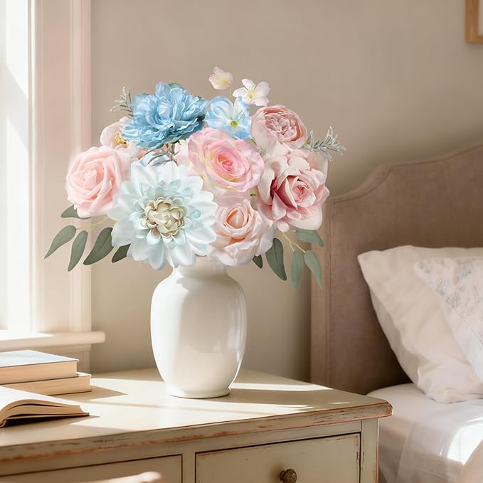 rongflower Artificial Flowers Combo Box Set Silk Flowers Fake Rose for DIY Floral Arrangements Wedding Bouquets Centerpieces Baby Shower Party Home Decorations (Blue Pink)