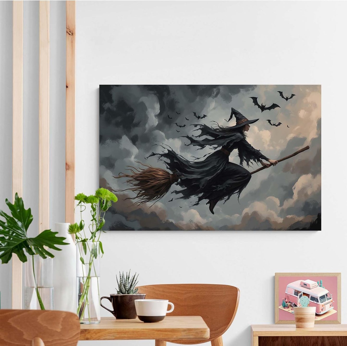 Witch and bat flying Halloween poster suitable for home party wall decoration retro Halloween preppy style wall art canvas print suitable for room decoration8x12in Wood Framed