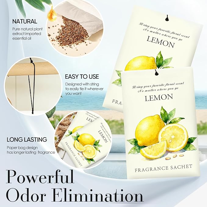 Lemon Scented Sachet Bags - 12 Pack Drawer & Closet Freshener, Long Lasting Odor Eliminator for Wardrobes, Cars & Storage, Home Fragrance Air Freshener Sachets