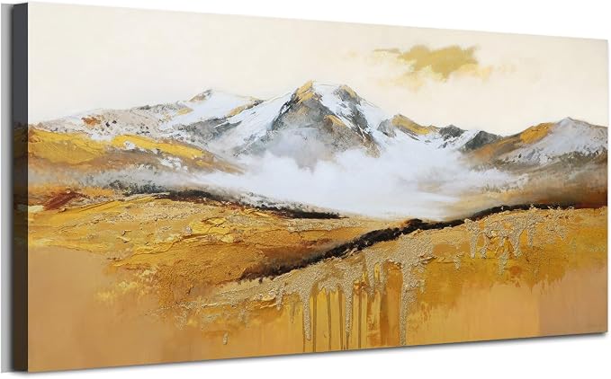 Arjun Textured Mountain Landscape Canvas Wall Art Large 48"x24"- Gold Peak & Misty Valley Painting, Golden Drip Artwork Framed Picture Prints for Living Room Bedroom Home Office Wall Decor