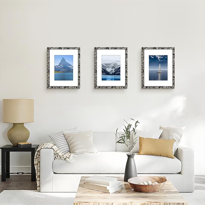 Picrit 8.5x11 Farmhouse Picture Frame Set of 12, Display 6x8 with Mat or 8.5 x 11 without Mat, Country Photo Frames for Wall Mounting or Table Top Display, Rustic Gray