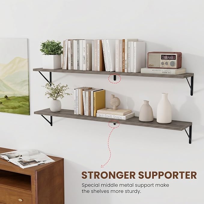 Vivelove Deep Floating Shelves for Wall, 48W x 8D Rustic Grey Wood Wall Shelves Set of 2, Large Floating Shelf for Living Room, Kitchen, Office, Bedroom and Decor Storage, with Metal Bracket - Grey