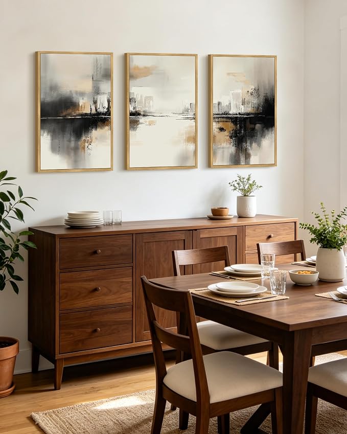 PHOPAGO Black Gray Abstract Landscape Framed Wall Art Large 16x24in Brown Tan Neutral Wall Decor Minimalist Modern Illustrations Prints Bedroom Home Decor - Natural Framed