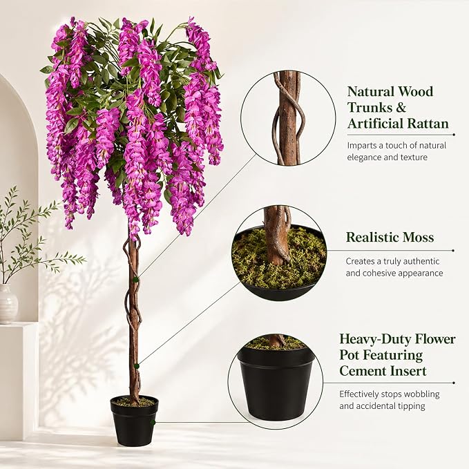 5ft Artificial Wisteria Tree, Fake Tree with Firmly Attached Blooms for Less Shedding, Faux Trees Indoor Outdoor Home Office Living Room Decor, Potted Floor Plant