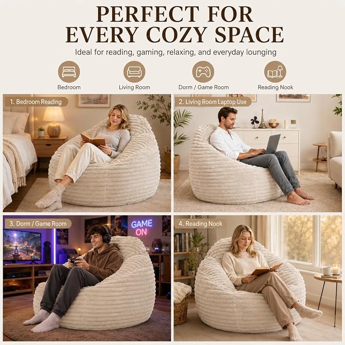 Simple Deluxe 3.25 ft Faux Fur Memory Foam Bean Bag Chair, Large Comfy Lazy Chair for Adult with Memory Foam Filled & Washable Cover, Perfect for Reading Gaming in Living Room Bedroom, Taupe