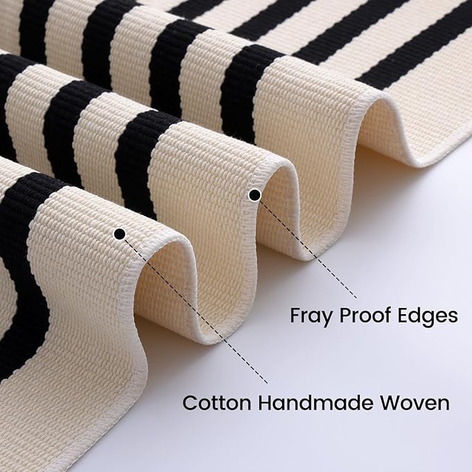OLANLY Beige and Black Striped Rug 4' x 6' – Washable Cotton Doormat for Indoor Outdoor Use, Layered Front Porch Rug for Entryway, Kitchen, Patio