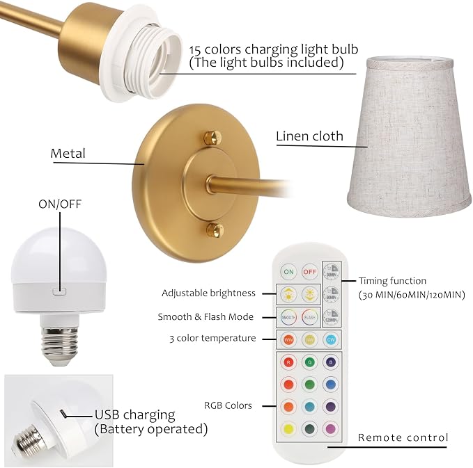 Pathson Rechargeable Battery Operated Wall Sconces Set of 2, Wireless Dimmable Wall Vanity Lights, Linen Fabric Shades, Remote Control Wall Lighting for Bedroom Living Room Includes Bulbs