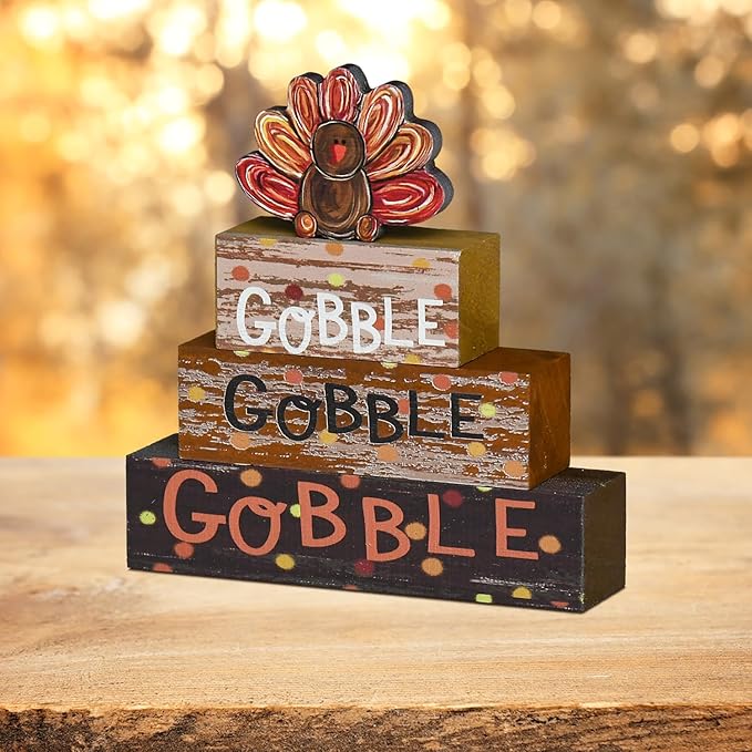Smile Thanksgiving Decor Indoor Wooden Block Signs, Turkey Decor Gobble for Rustic Farmhouse Home, Thanksgiving Table Tiered Tray Kitchen Decorations