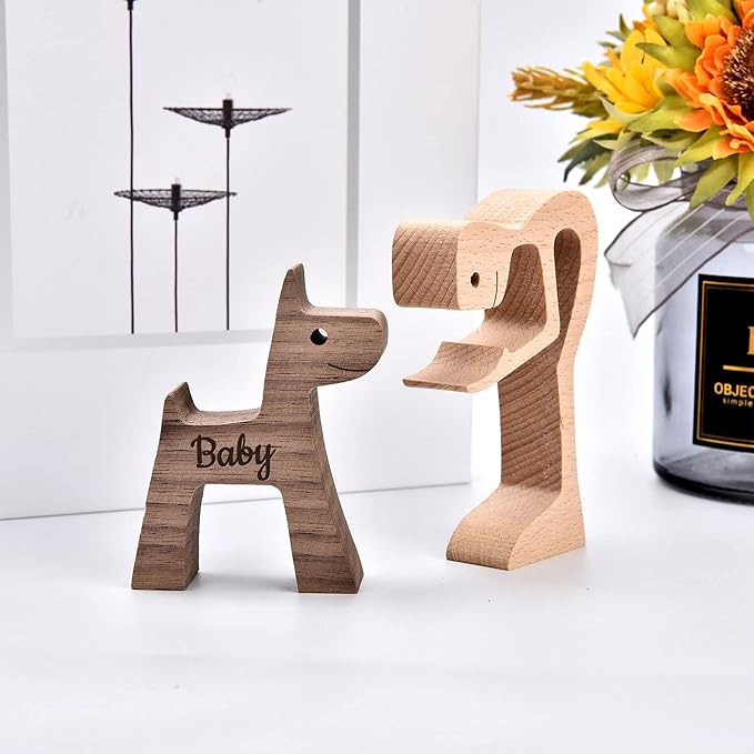 Custom Wooden Sculpture Name Engraved Human and Dog Statues