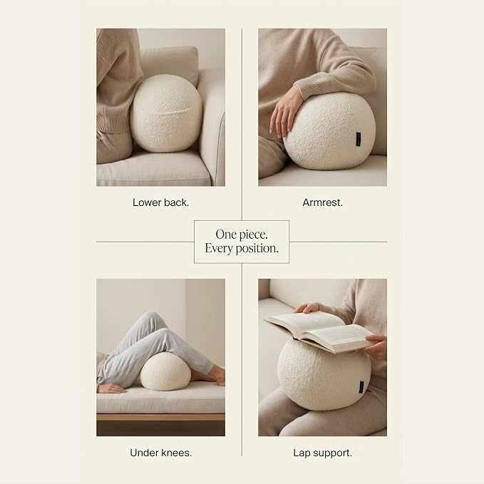 Orb Bouclé Sphere Pillow, 12 Inch Ergonomic Back & Arm Support, 600 GSM Textured Décor Throw Pillow with Hidden Pocket, White