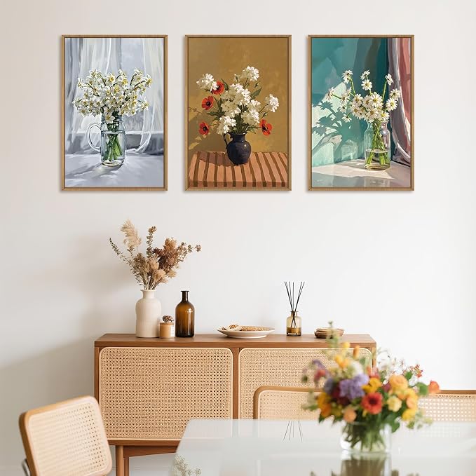 LHIUEM Large Vintage Botanical Floral Framed Canvas Wall Art,Boho White Daisy Vase Wall Decor,Modern Flower Sunshine Prints,Rustic Wildflower Artwork for Living Room,Bedroom,Dining Room,Office -24"x36"x3