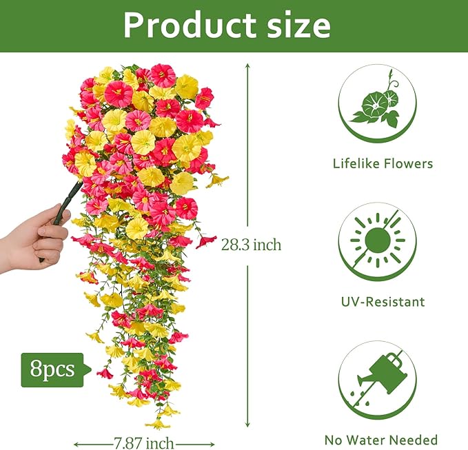 Serwalin Artificial Hanging Flowers for Outdoors UV Resistant, 8PCS Faux Morning Glory Fake Outdoor Flowers Realistic Silk Flower Faux Plants for Outside Planter Front Door Porch Patio Yard Decor