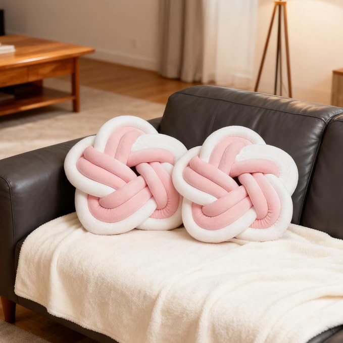 2Pcs Knot Pillow Ball，Soft Home Decorative Round Throw Pillow，Handmade Knotted Plush Pillow，Star-Shaped Round Boucle Pillow Cushion (Pink)