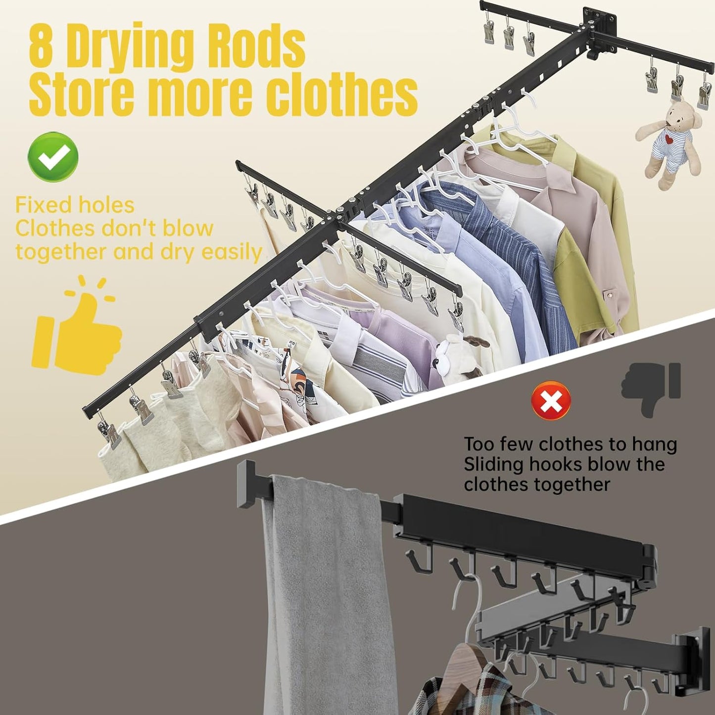 BESy Tri-Fold Foldable Clothes Drying Rack Retractable Hanging Collapsible Dryer Hanger Racks for Laundry Balcony Bathroom Space Saver Outdoor Indoor 20 Clips Aluminum Alloy Wall Mounted Matte Black