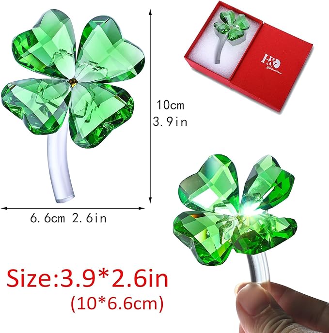 HDCRYSTALGIFTS 4'' Crystal Flower Dreams Four Leaf Clover Figurine Collectibles Green Crystal Glass Statue Ornament Lucky for Mom Women Car Table Shelf Decorations,Green