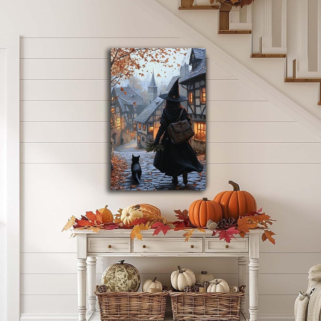 Autumn Witch And Black Cat Picture Wall Decor,Halloween Canvas Vintage Rustic Wall Art,Preppy Bedroom Living Room Bathroom Poster Print,24"x36" Framed