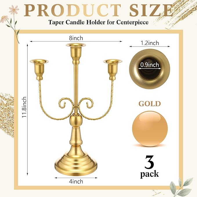 Dandat 3 Pcs 3 Arm Metal Candelabra Candlestick Holders Tall Candlestick Holders Gothic Candle Holder for Home Wedding Church Christmas Party (Retro,11.8 Inch,Gold)