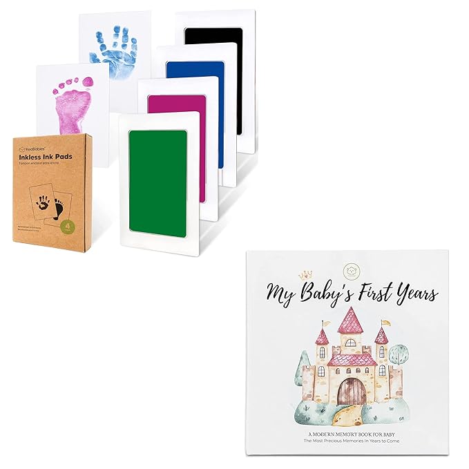 KeaBabies 4-Pack Inkless Hand and Footprint Kit and First 5 Years Baby Memory Book Journal - Ink Pad for Baby Hand and Footprints - 90 Pages Hardcover First Year Keepsake Milestone Book
