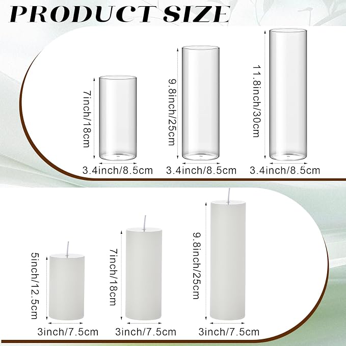 Shihanee Set of 3 Pillar Candles and 3 Glass Cylinder Candle Vases Holders Clear Pillar Jars for Wedding Centerpieces(3.4'' X 7, 9.8, 11.8,White)