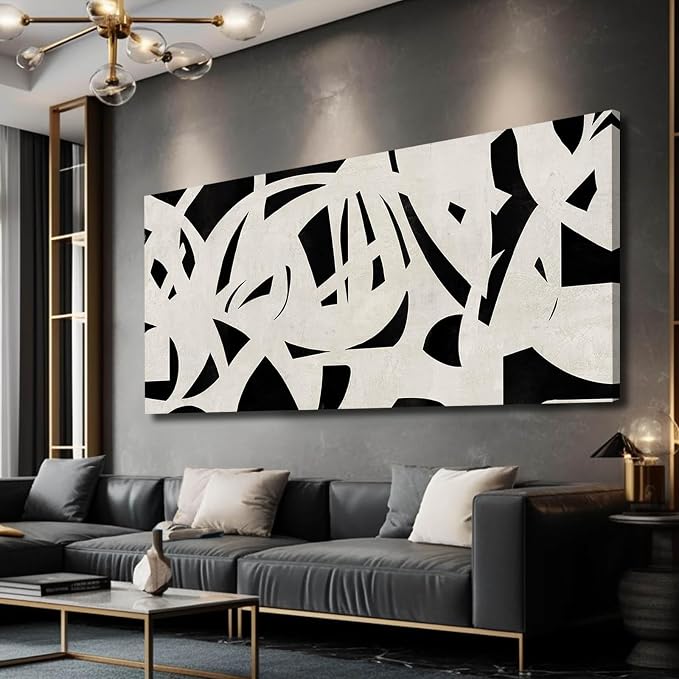 Black and White Abstract Wall Art Mid Century Wall Decor Geometric Art Posters Large Framed Wall Prints for Living Room Bedroom 29x58 Inch