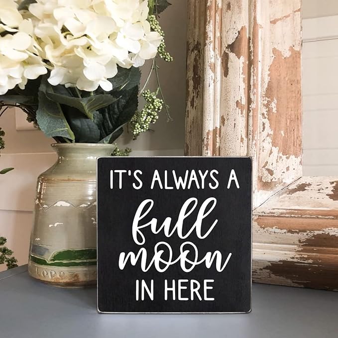 Wood Box Sign Cute Bathroom Decor Always a Full Moon - Funny Bathroom Signs Decor, Wooden Box moon Wall Art Sign Decor, Home Space Toilet Desk Plaque Black Halloween Farmhouse Decorations