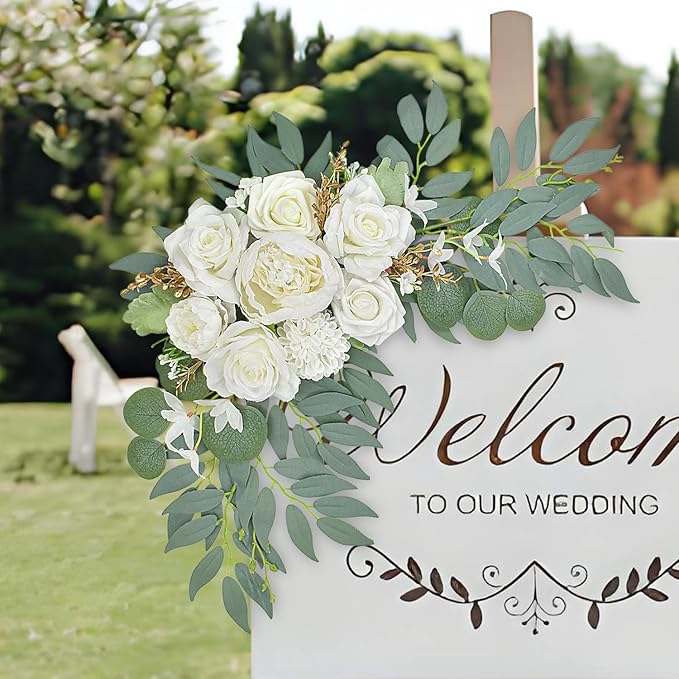 Wedding Arch Faux Flowers Set of 2, Wedding Welcome Signs Greenery Garland Decoration for Ceremony, Reception, Backdrop (White)