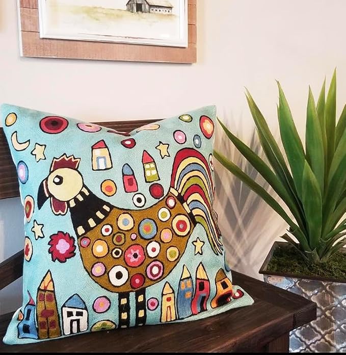 Blue Rooster Throw Pillow Cover Karla Gerard Folklore Pillowcase Cock Bird Floral Chair Cushion Flower Couch Pillowsham Farmhouse Hand Embroidered Wool 18x18 Inch