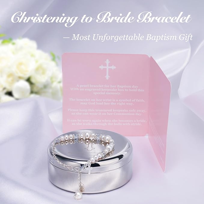 Tryuunion Baptism Bracelet in Sterling Silver and Cultured Pearls for Baby Girls, with Silver-plated Jewelry Keepsake Box, Great Catholic Christening and Baptism Gifts for Girl