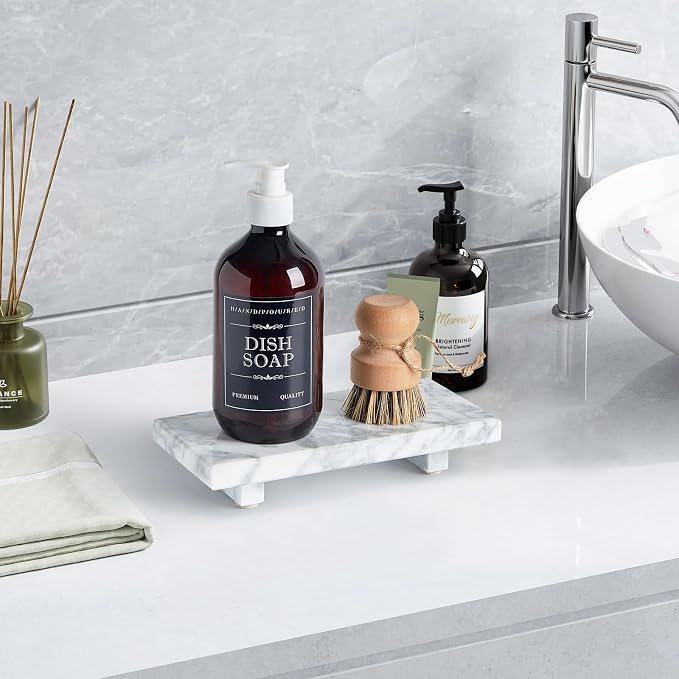 Natural Marble Tray Pedestal Stand – Soap & Jewelry Riser for Bathroom Counter, Kitchen Sink, Vanity Organizer, Decorative Stone Catchall for Perfume, Candles