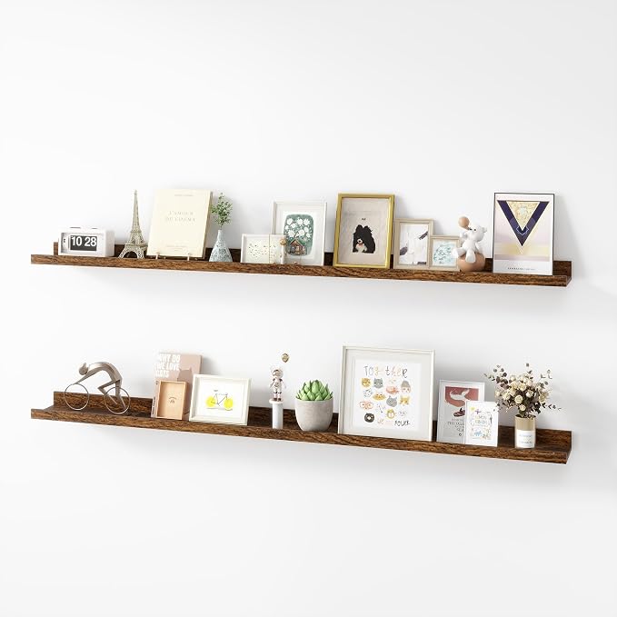 Acovy Picture Ledge Shelf, Wood Long Floating, Set of 2, 56 inch, Brown | Wall Mounted, For Living Room Kids' Room Bedroom, Photo Ledge Nursery Book Shelves