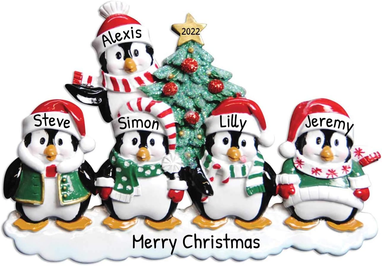 3D Penguin Family of 5 Ornament 2025 Personalized Family Christmas Ornaments 2025 | Snowy Xmas Tree Holiday Penguins Personalized Tree Ornaments for Grandchildren Siblings & Grandkids of Five Ornament