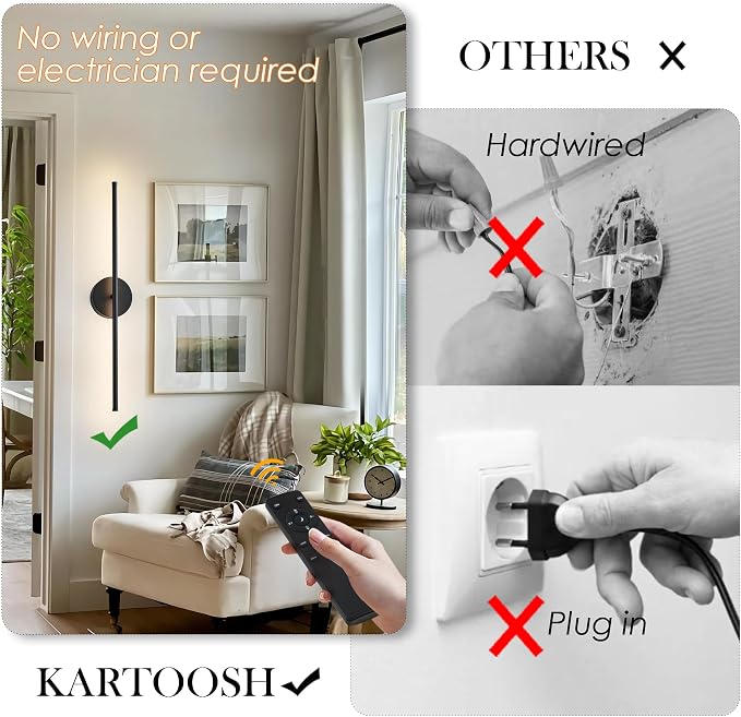 KARTOOSH Removable Battery Operated Wall Sconces with Remote Control 350°Rotate LED Wireless Wall Lights with 3 Color Temperatures & Dimming for Bedroom, Hallway,24.4 Inch (2 Pack)