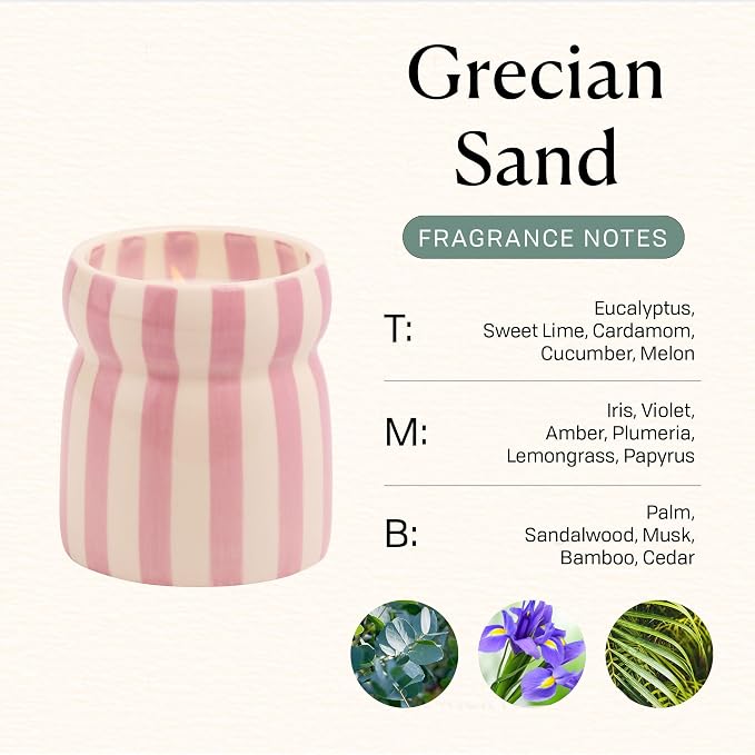 Paddywax Cabana Hand-Painted Scented Candle in Ceramic Reusable Food Safe Jar, Clean-Burn Soy Candle with Approx. 42 Hour Burn Time, Lavendar – Grecian Sand, 6.5 oz