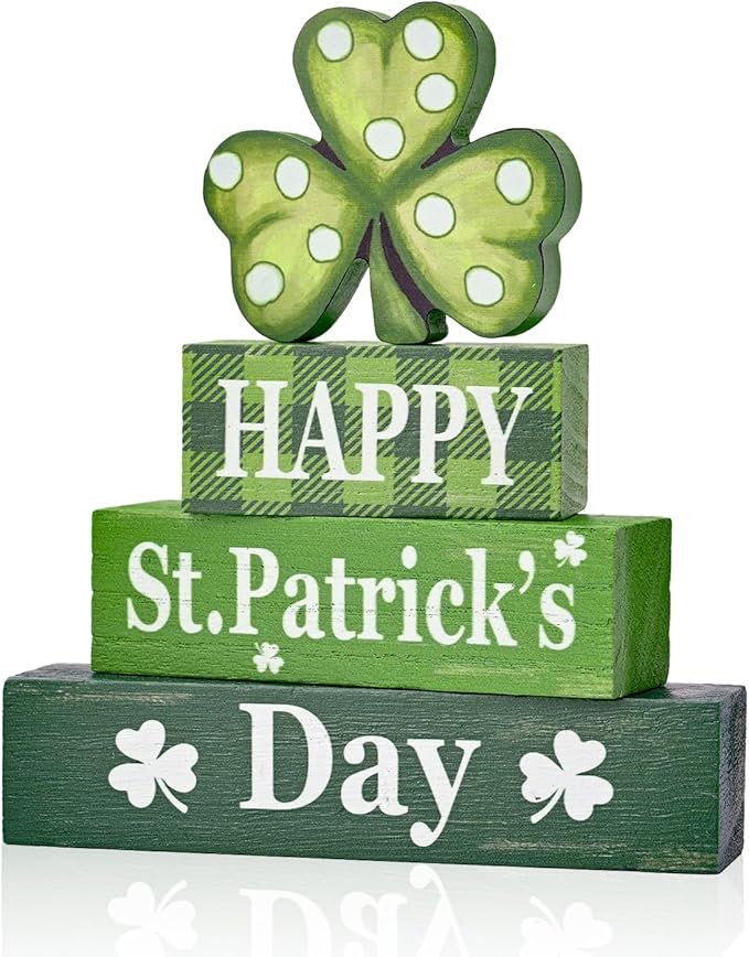 Smile St.Patrick's Day Wooden Stacked Block Decor HAPPY St. Patrick's Day, Shamrock Rustic Tabletop Shelf Lucky Holiday Decoration
