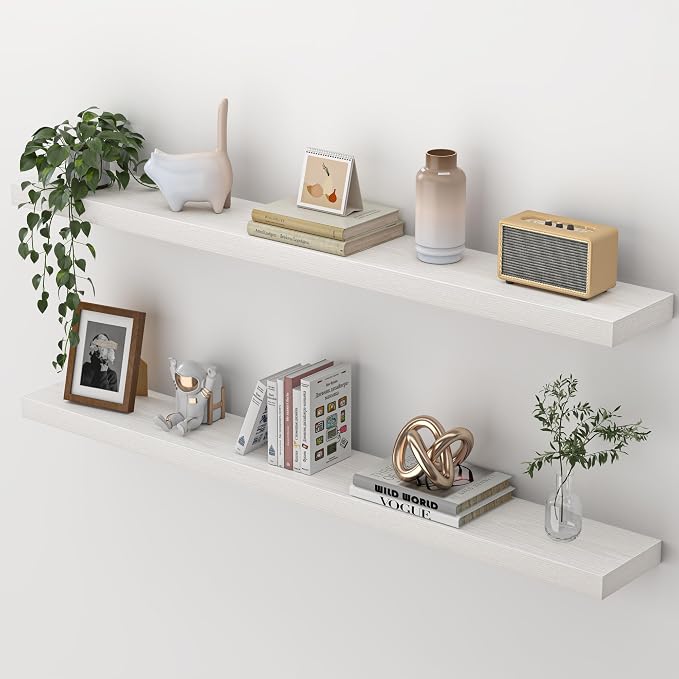 Heimlove 48 Inch Floating Shelves for Wall,Extra Long Wood Shelves Mounted Storage Hanging Shelf Invisible Bracket for Bedroom,Living Room,Kitchen,Office,Set of 2,White