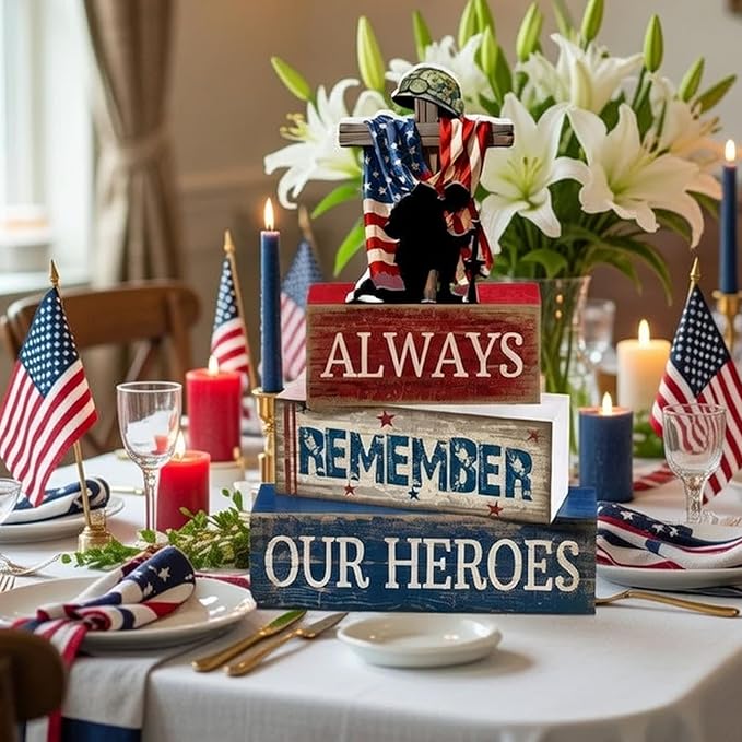 CroBlissful 4 Pcs Memorial Day Decorations 4th of July Patriotic Tabletop Decoration Red White Blue Table Centerpieces Alway Remember Our Heroes Sign for Tiered Tray Home Shelf 250th Anniversary