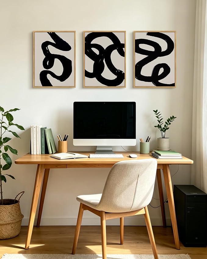 PHOPAGO Black Abstract Modern Framed Wall Art Ink Wash Minimalist Thick Black Lines Paints Artwork Bedroom Living Room Home Decor - 12x16in Natural Framed