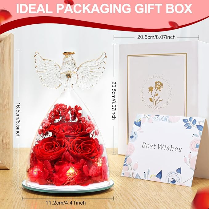 Flowers for Delivery Birthday Gifts for Women Gifts for Mom Grandma Mothers Day Fresh Preserved Flowers Forever Real Roses in Glass Angel Figurines Anniversary Present for Wife Her Friends Daughter