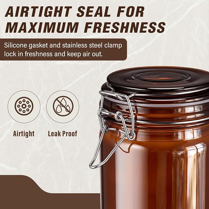Norme 6 Pack 68oz Amber Airtight Glass Jars with Lids, Cylinder Food Storage Container Airtight Food Wire Clip Fastening for Sauerkraut Flour Kitchen Sugar Cereal Kitchen Canning Pickling Mason Jars