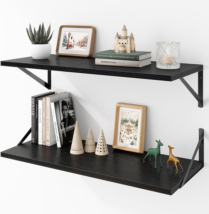 Acovy Deep Floating Shelves Wall Mounted, 30"x12" Black Wall Shelves with Brackets Set of 2 for Bedroom, Living Room, Bathroom, Kitchen, Office - Storage & Display Shelf for Decor, Books, Plants