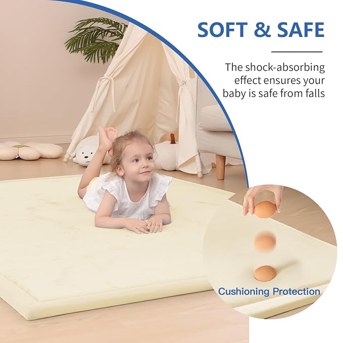 Baby Play Mat for Floor,1.3" Thick Memory Foam Tummy Time Mat,Soft Coral Velvet Nursery Rug,Extra Large Non Slip Crawling Mats for Living Room(Vanilla)