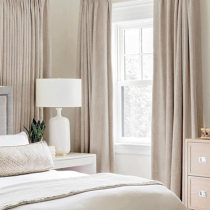 MIULEE 100% Blackout Linen Textured Curtains for Bedroom 104 Inches Extra Long Thermal Insulated Natural Beige Grommet Room Darkening Curtains & Drapes Luxury for Living Room Nursery (2 Panels)