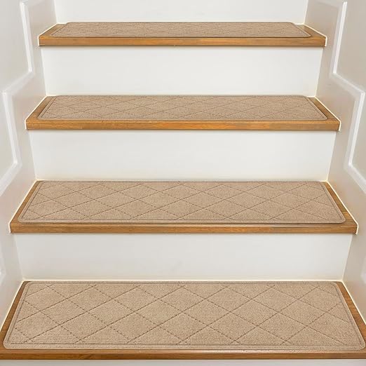 Stair Treads for Wooden Steps Indoor, 15 Pack 8" X 30" Non Slip Carpet Stair Treads with Reusable Adhesive for Kids Elders and Dogs, Surface Polyester TPR Backing Stair Rugs, Beige