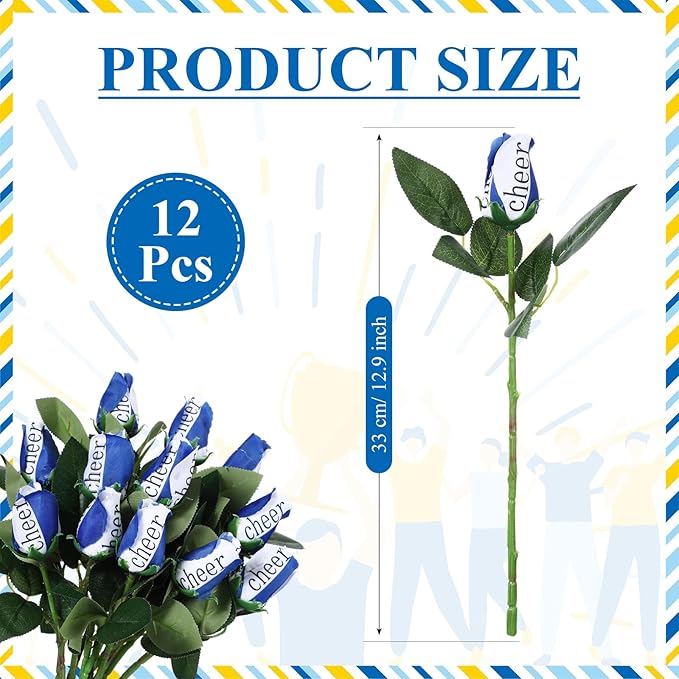 Suhine 12 Pcs Blue Cheer Gifts Cheerleader Cheerleading Artificial Rose Flowers Gifts Bulk for Women Cheer Team Sport Game Day Birthday Graduation Party Decorations Favors(Blue White, Normal)