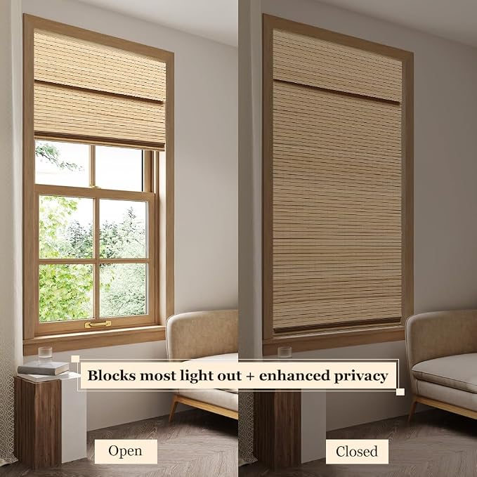 LUCKUP Cordless Bamboo Roman Blinds Shades for Indoor Windows-Blackout Room Darkening Roman Blinds with 6" Valance Cover Enhanced Privacy, 40" W x 64" H