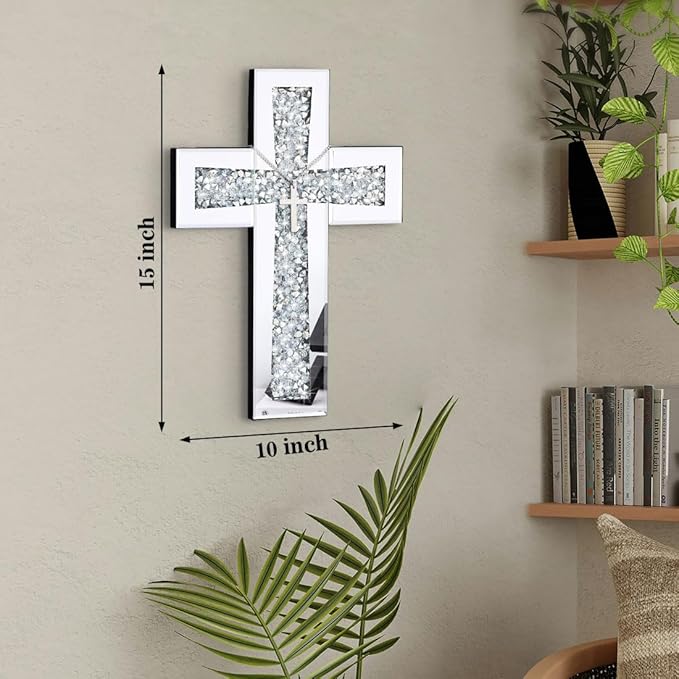 Aeveco Cross Wall Decor, Silver Mirrored Cross for Living Room, Crystal Crush Diamond Mirror Crosses, Religious Wall Art, Home Decor