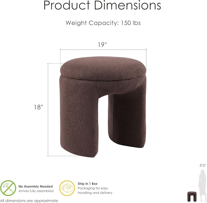 Furniture of America Rami Modern 18-inch Solid Wood Upholstered Ottoman with Pedestal Base, Vanity Stool Chair, Small Foot Stool for Bedroom, Living Room, Entryway, No Assembly Needed, Brown